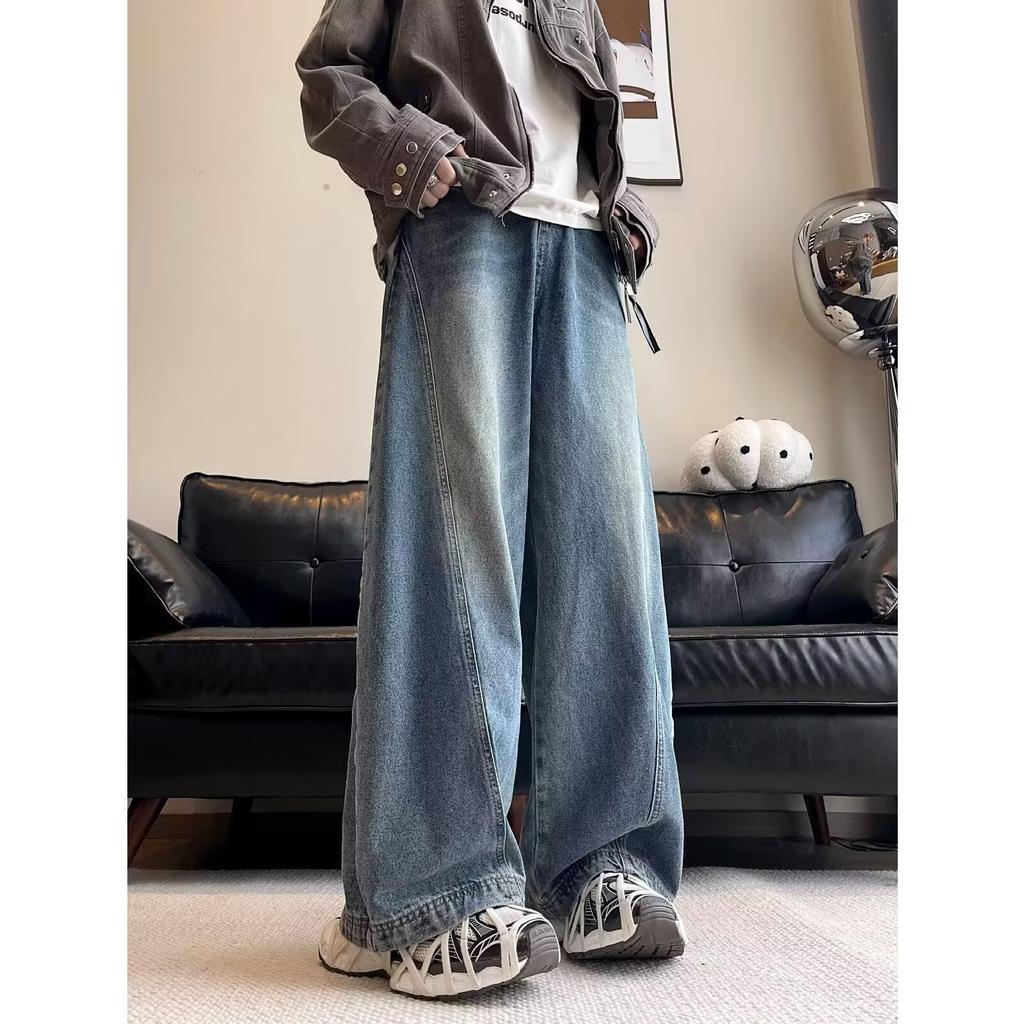 Hong Kong Style Wide-leg Jeans Men's High Street Vibe Style American Trend Silhouette Scimitar Trousers Boys Casual Pants