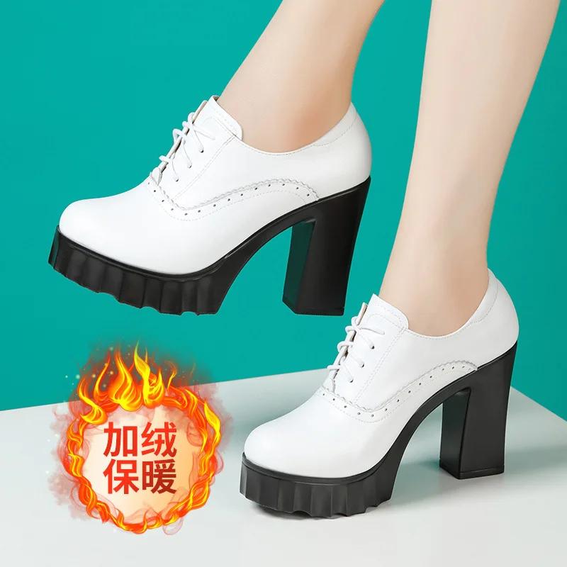 10cm Small Size 32-43 British Deep Mouth Platform Shoes Brogues Fall 2025 Block High Heels Shoes Genuine Leather Shoes Office