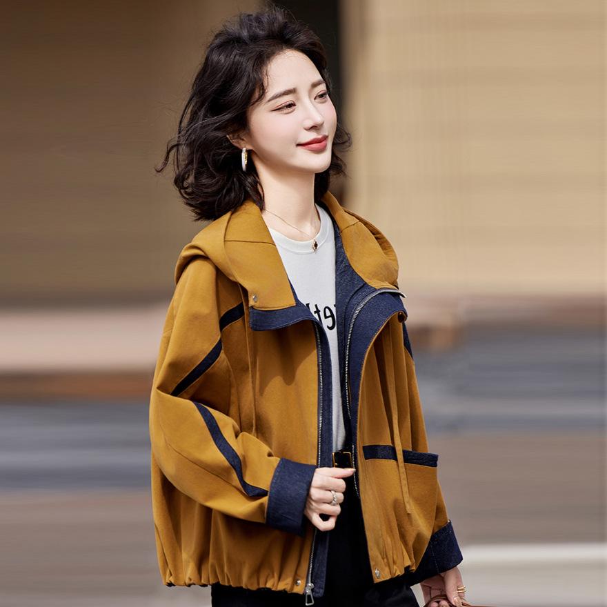 Spring and Autumn New Design Sense Casual Loose Coat Women's Contrasting Color Hooded Jacket Top