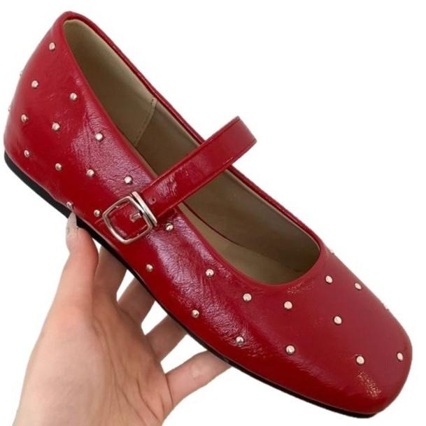 [Yushilai] Retro Riveted Ballet Single Shoes Women's 2025 Spring New One-word Buckle with Shallow Mouth Mary Jane Shoes