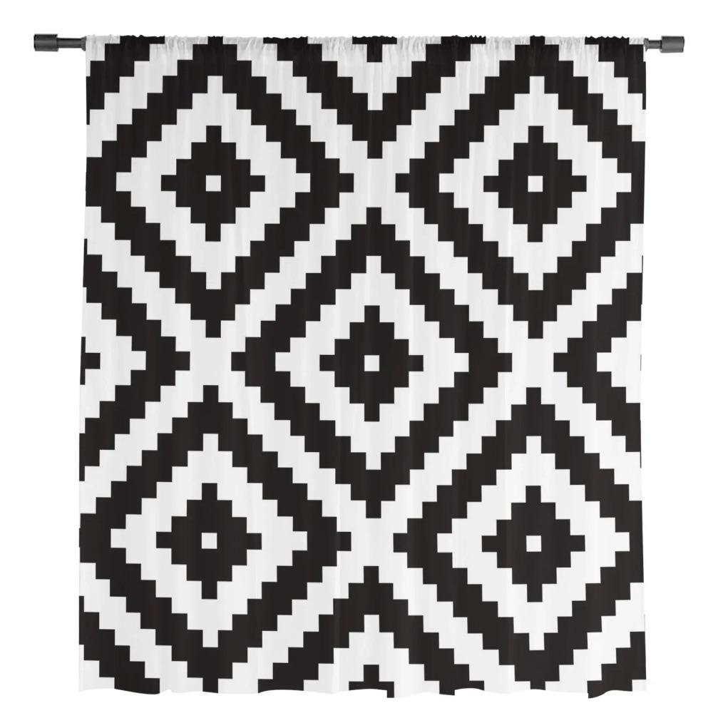Black White Irregular Geometry Sheer Curtains for Living Room Decoration Tulle Voile Organza Window Curtains for Kitchen Bedroom