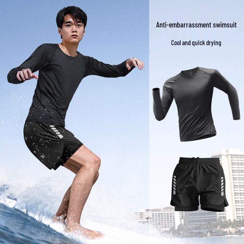 Men's Anti-Embarrassment Swimsuit Set: Square Leg Trunks & Full Swim Gear for Surfing and Diving