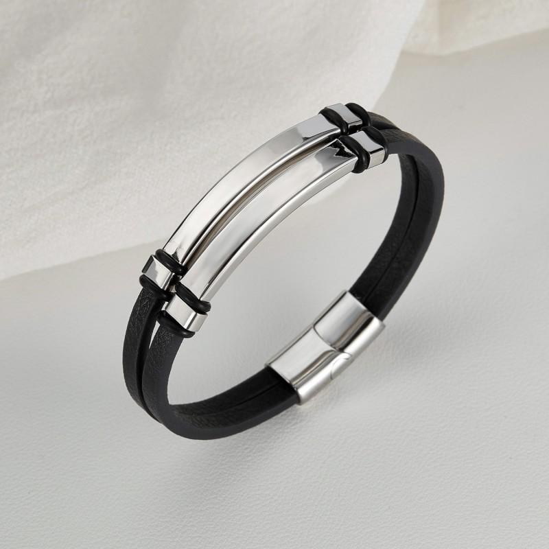 Simple Stylish Smooth Wristband With Engraved Letters Made Of Stainless Steel Double-layer Woven Leather Bracelet