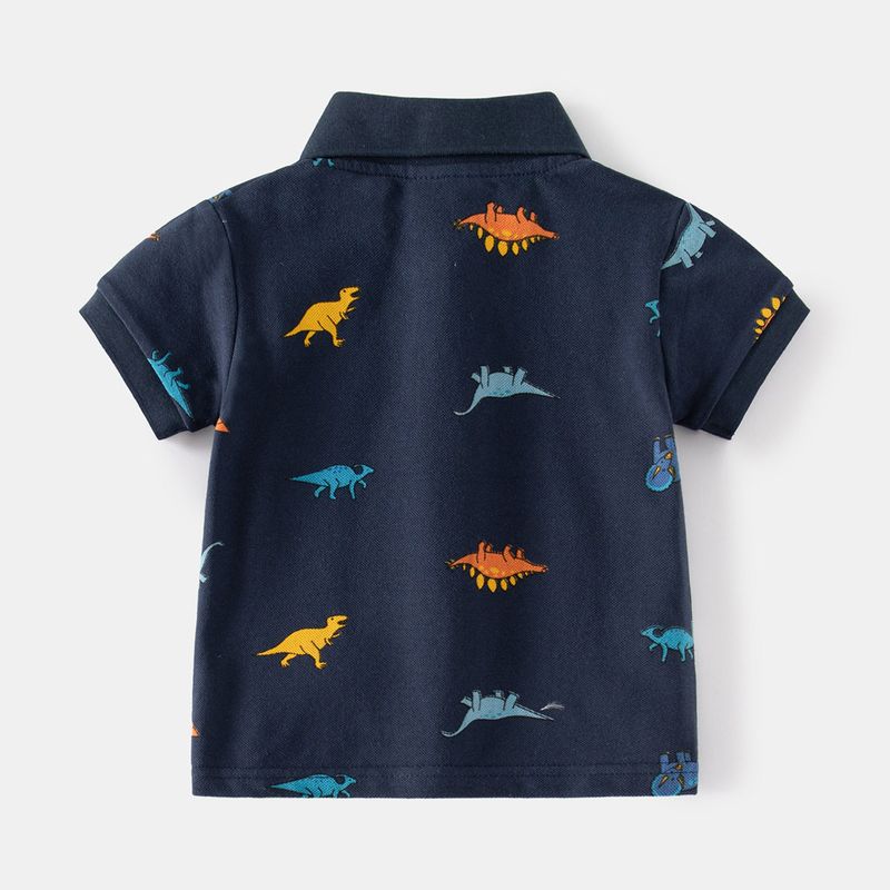 Children's Clothing Summer Cartoon Dinosaur Print Boys' Polo Shirt Kidsren's Casual Lapel Pique Cotton Baby Short-Sleeved Top