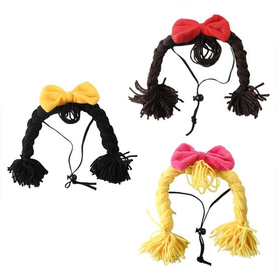 Yarn Wig Cat Hat Double Braids Pet Wig with Cute Bow Bendable Cat Wig with Adjustable Elastic Rope for Cats And Small Dogs Photo Prop Party Costume