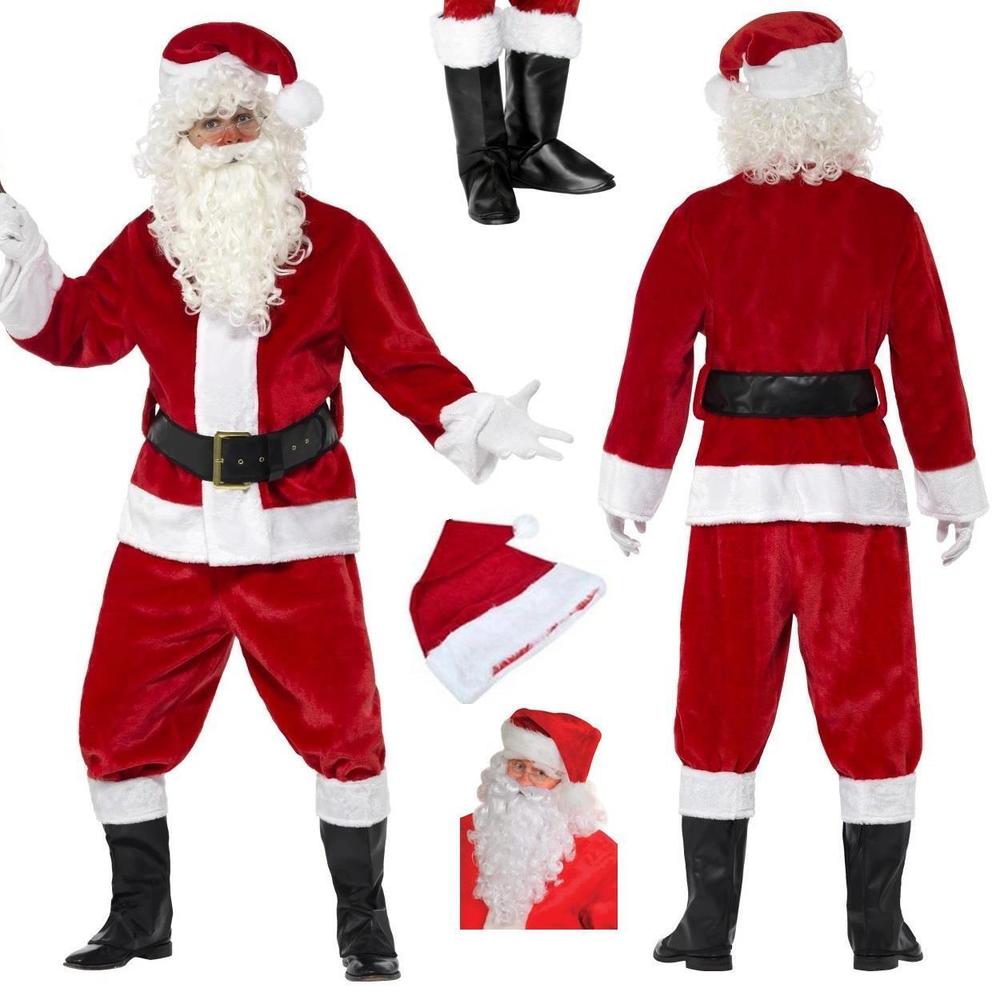 Santa Fancy Dress Elasticated Santa Costume Father Christmas Outfit Velvet Santa Claus Suit For Adult Costume Party Holiday