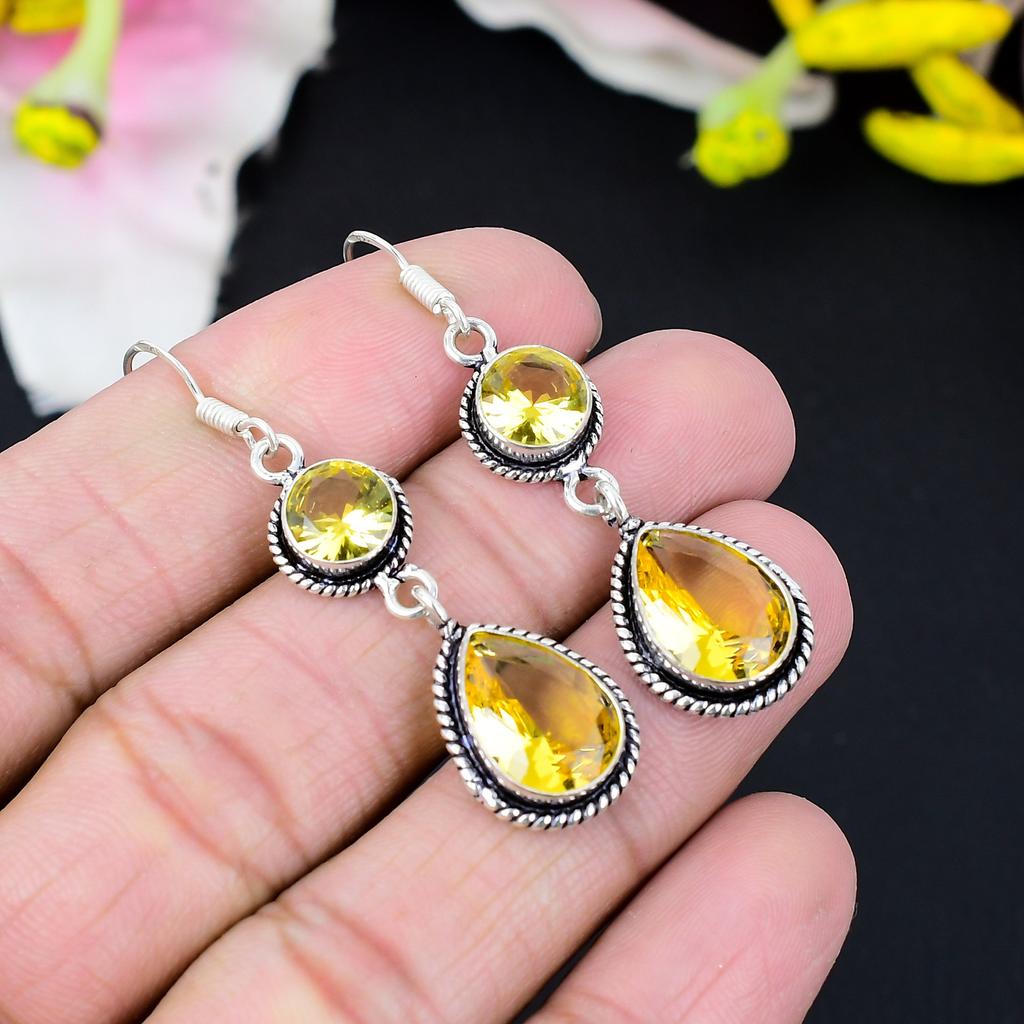 Citrine Gemstone Handmade 925 Sterling Silver Jewelry Earring 2.56" KG-420