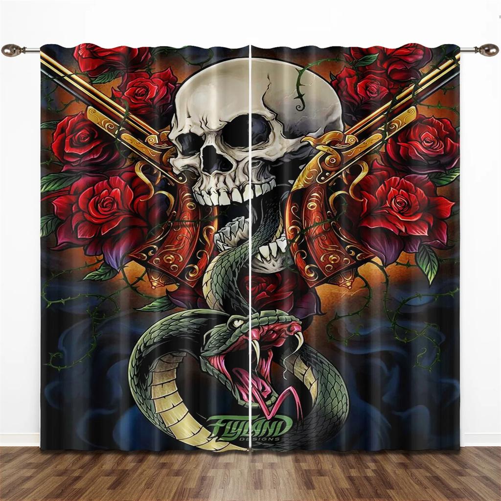 King Punk Couple Gothic Horror Female Skull Dead Rose Drapes Light Filtering Window Curtains for Living Room Bedroom 2 Pieces