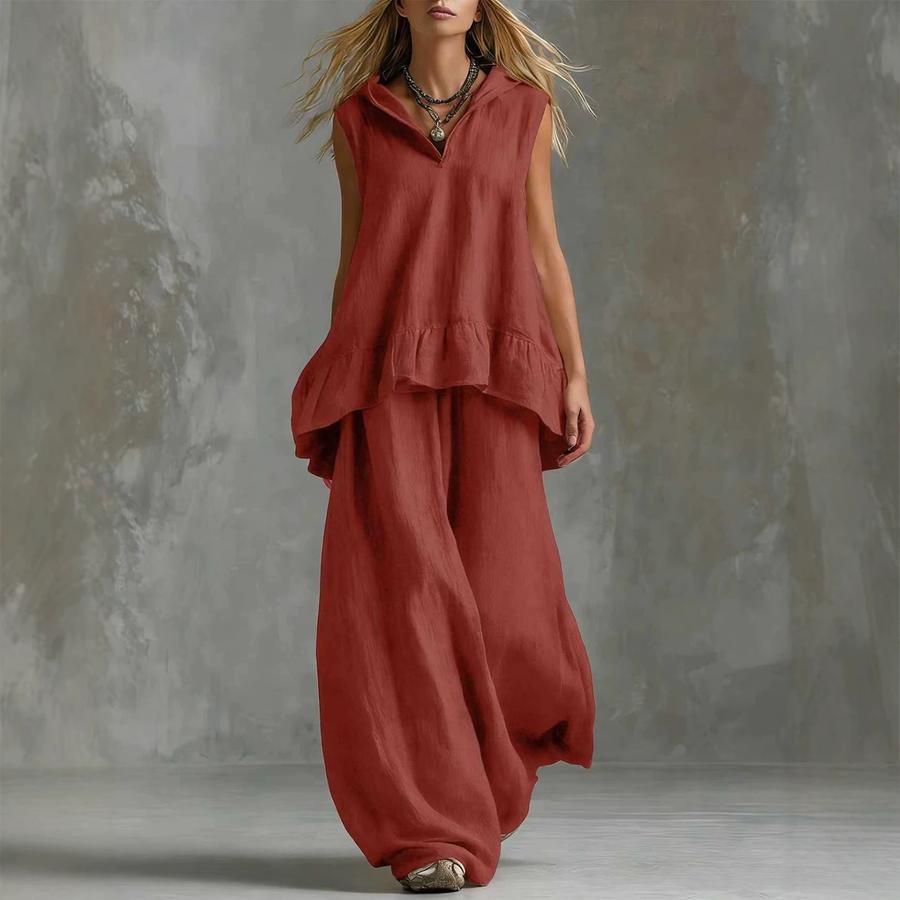 Sommer Neues Elegantes Mode Baumwoll Leinen Lässiges Ärmelloses Oberteil Weite Hosen Set