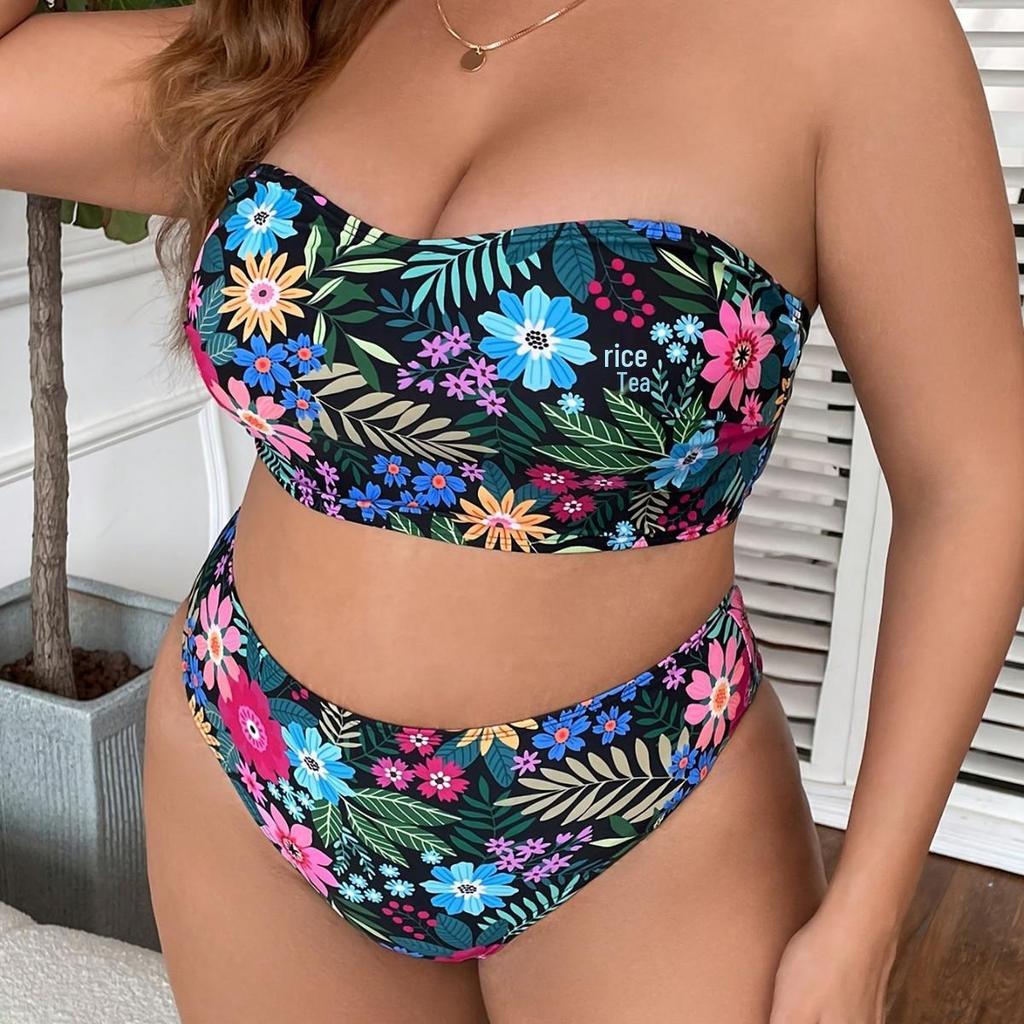 2024 Plus Size High Waist Bandeau Swimsuit - European & American Print