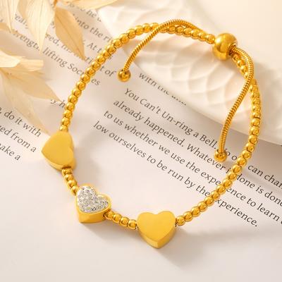 Brățară cu Mărgele Rotunde cu Inimă de Piersică și Diamante, Design Simplu cu Temperament, Bijuterii pentru Femei din Oțel Titan Placat cu Aur de 18K