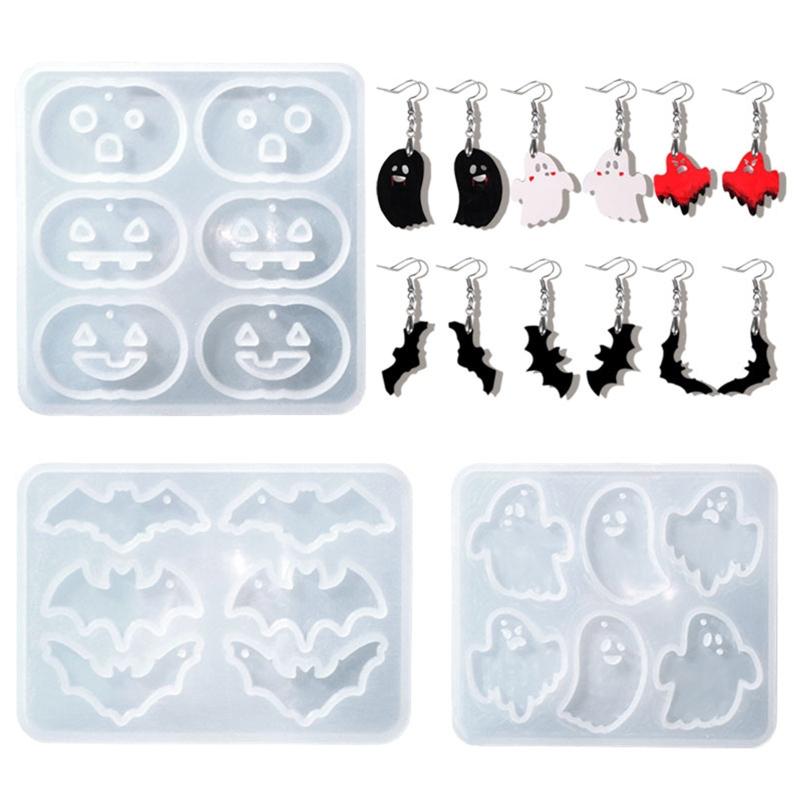 Diy Crystal Epoxy Mold Earrings Jewelry Mold Hanging Pendant Decoration Halloween Pumpkin Bat Mirror Silicone Mold