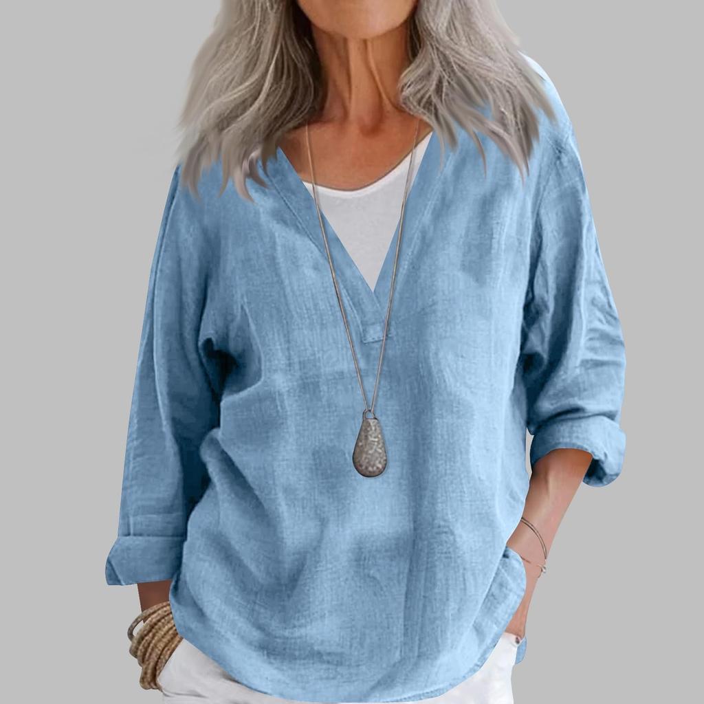 Mote Dame Casual Bomull Lin V-hals Langermet Genser Topp