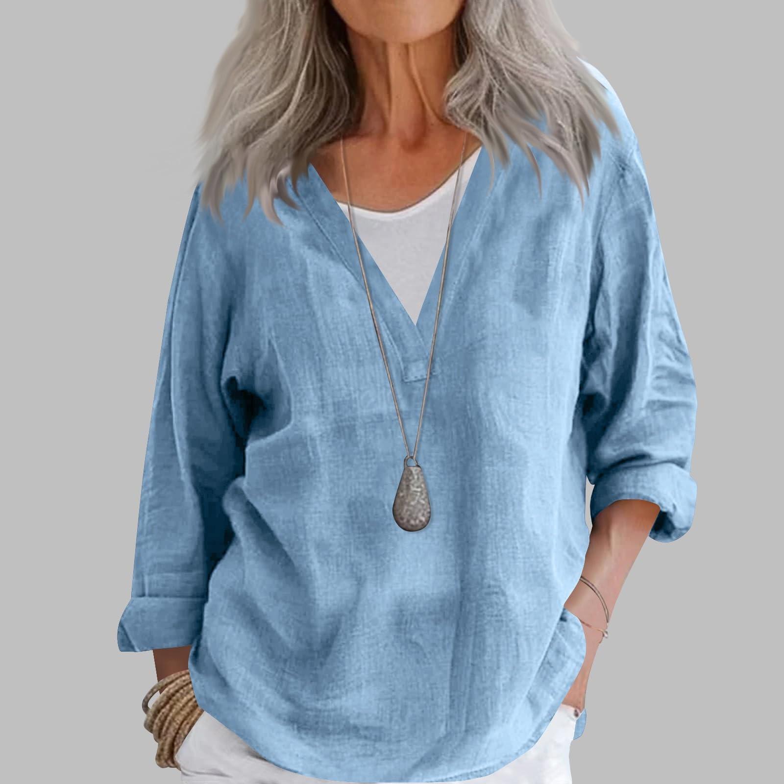 

Женская мода повседневный хлопковый льняной пуловер с V-образным вырезом и длинными рукавами XL светло-синий