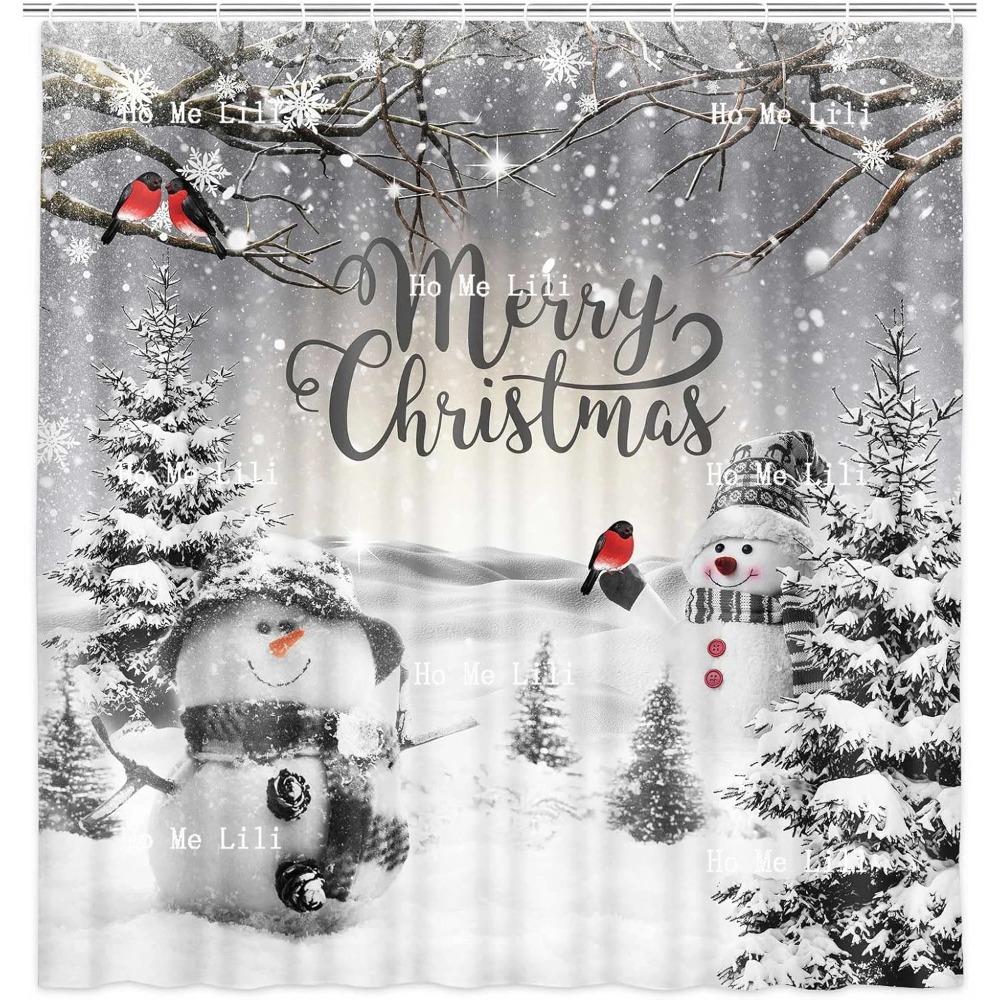 Winter Christmas Shower Curtain For Bathroom Cute Cardinal Bird Snowman For Snowflake Holiday Fabric Bath Curtain Xmas Pine Tree