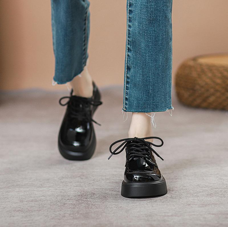 Fashion “British - Style” Patent - Leather Lace - Up Chunky Shoes, Black Round Toe, Ideal for Daily & Office Looks