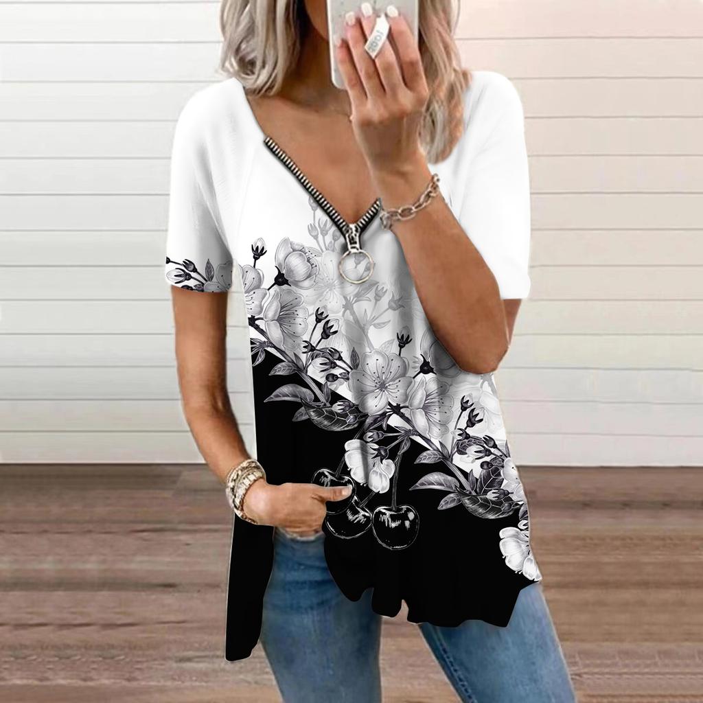 Dámský top Léto Nová móda Modrá Pearl Rose Potištěný Neformální top s výstřihem do V a krátkým rukávem