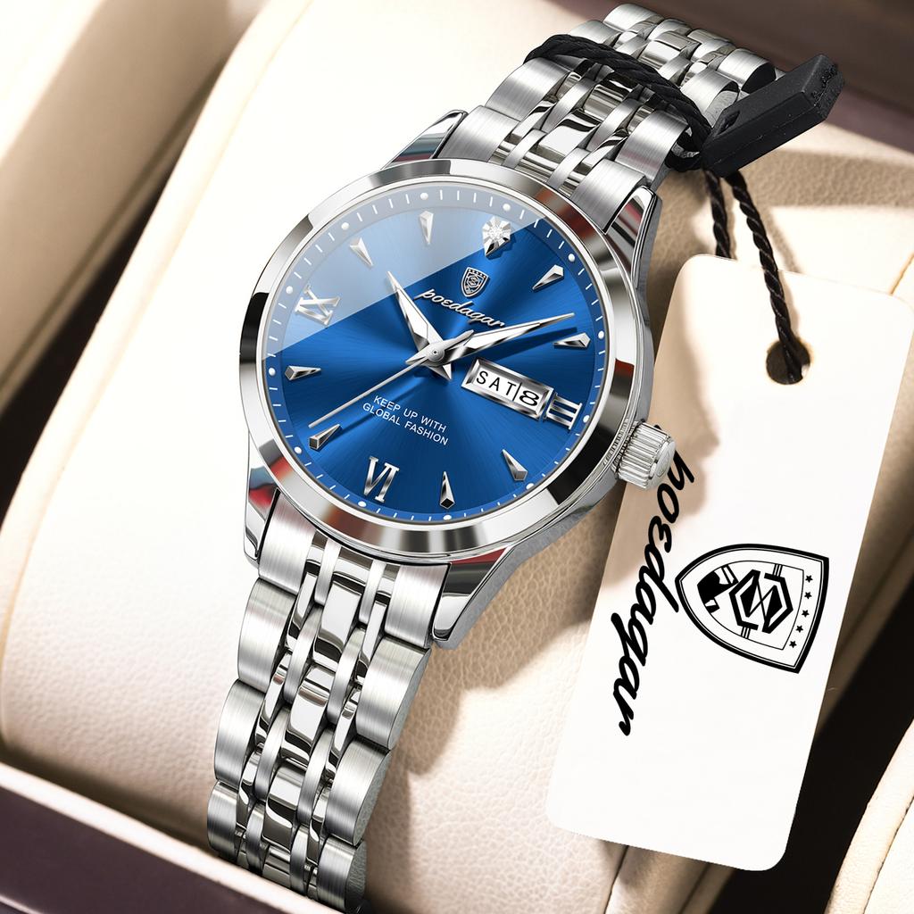 POEDAGAR Original Watch for Woman Waterproof Luminous Date Week Ladies Watch Stainless Steel Quartz Watches Female