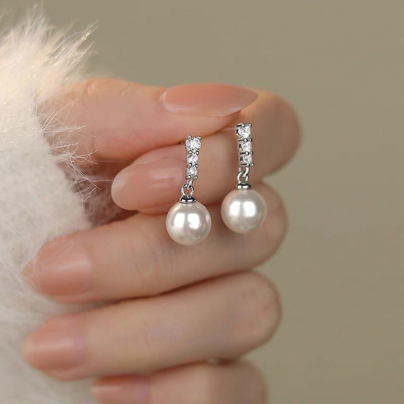 S925 Silver Sparkling Diamond Pearl Drop Earrings Women Elegant Jewelry