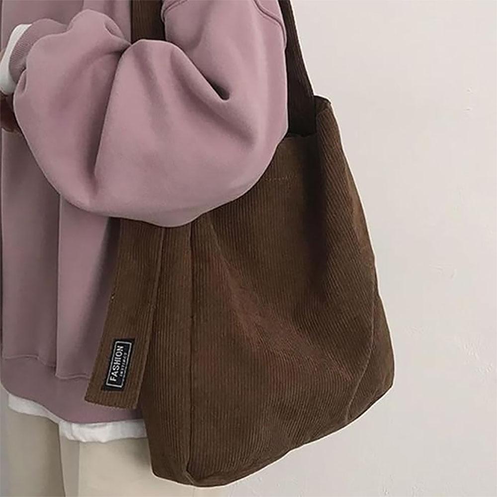 Vintage Corduroy Shoulder Bag With Large Capacity Handbag Casual Underarm Bucket Bags For Travel School And Shopping