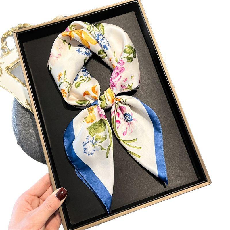Flower Brocade Printing Simulation Silk Scarf Square Scarf High-End Shawl Versatile Neck Small Square Scarf Headscarf