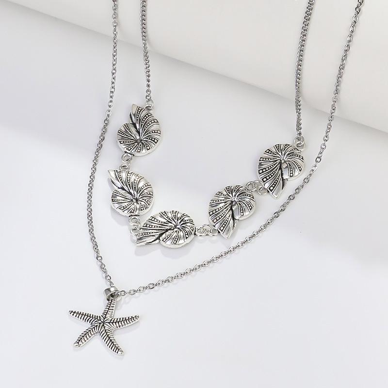 Layered Double-Layer Necklace: Summer Vacation Style with Shell, Starfish, and Conch Pendants