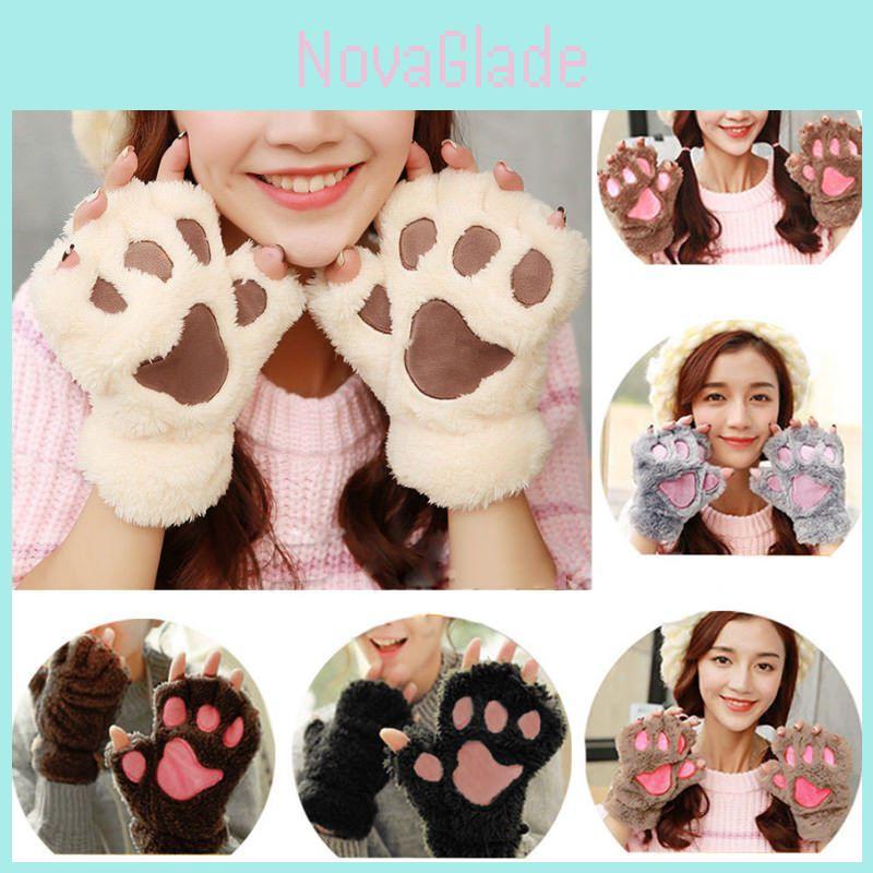 Cute Cat Paw Gloves Winter Warm Touchscreen Half Finger Mittens For Girls