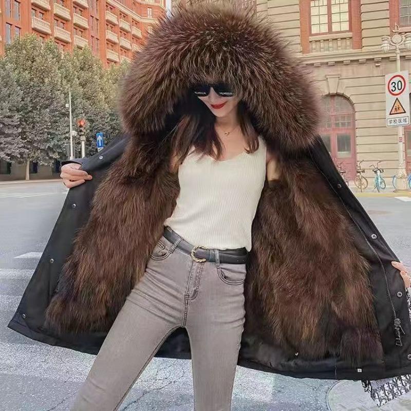 Winter New Wool Cotton Clothes Medium and Long Women's Removable Imitation Raccoon Hair Liner Thickened Large Size Imitation Fur Jacket