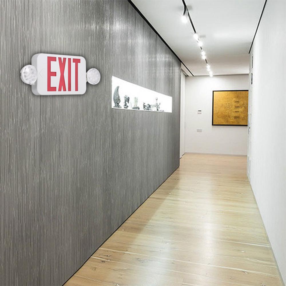 AC120/277V Red Exit Sign LEDs Combo Emergency Light with Adjustable Two Head Backup Batterys Wall