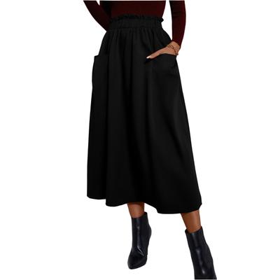 Women's Fashion Solid Color Elastic Waist  Loose Pocket A Line Skirt