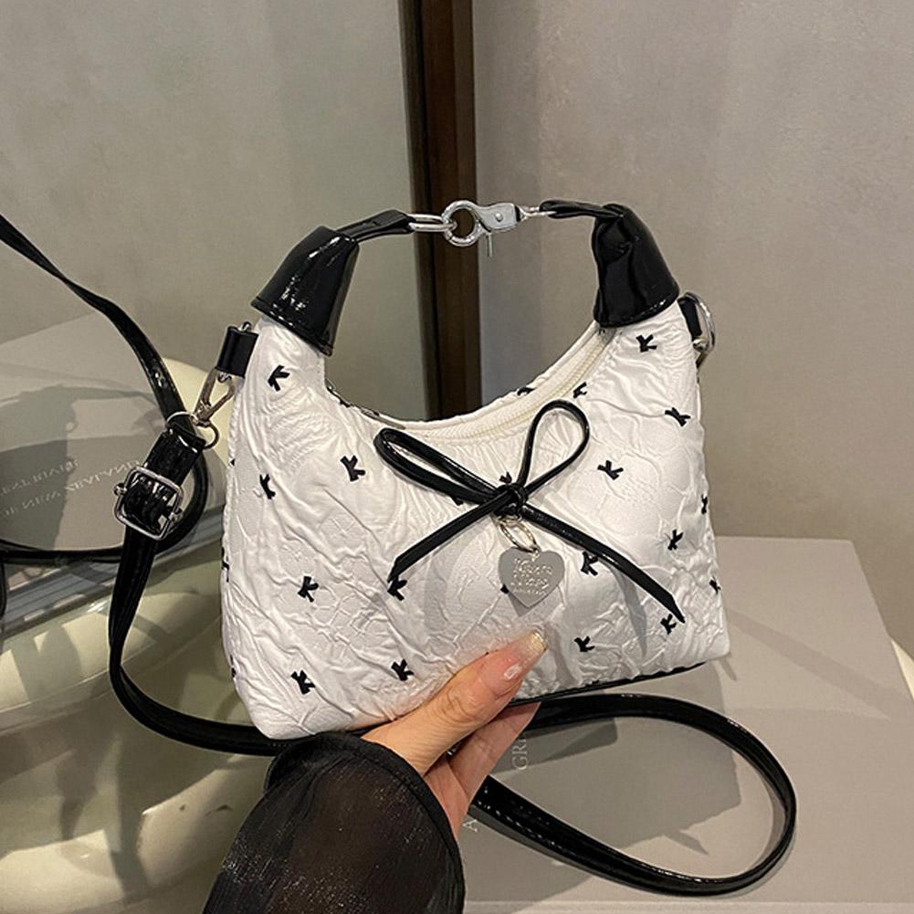 Bow Crossbody Bag for Women Sweet Fashion Print Metal Heart Pendant Hand-held Single Shoulder Bag Commute Handbag Underarm Pouch