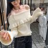 Orange one-word shoulder lazy sweater long-sleeved knitted bottoming shirt women's winter new light-ripe niche non-collision top