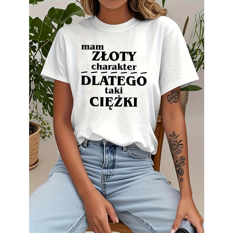 

Европейский размер, польский текст, стиль, золотая печать символов, футболка, с коротким рукавом, круглый вырез, повседневный топ для лета и весны, женская одежда S белый