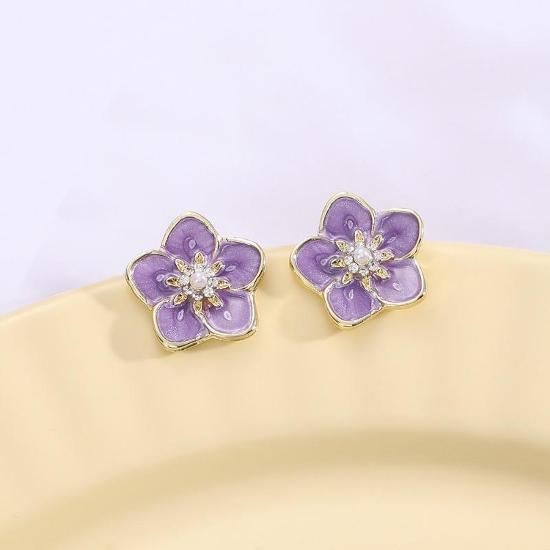 Lavender Purple Flowers Stud Earring for Women Simple Enamel Crystal Rhinestone Personality Jewelry Girl Gift