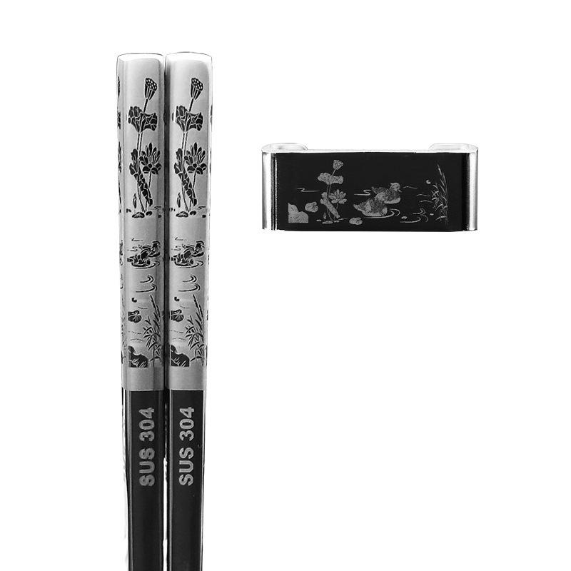 304 Stainless Steel Chopsticks & Rests Gift Set with Laser Black and White Logo