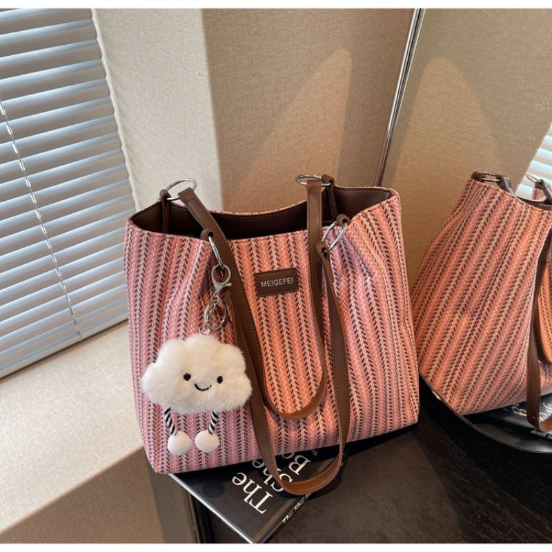 

Вместительная полосатая парусиновая сумка женская летняя универсальная новая повседневная сумка через плечо сумка-тоут для студентки розовый