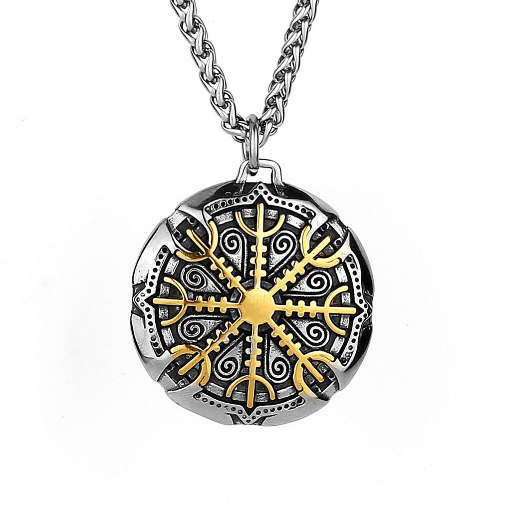 Viking Odin logo compass, titanium steel pendant, European and American style, stainless steel pendant necklace, including 60cm keel chain