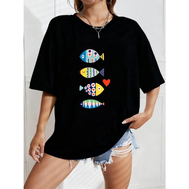 White T Shirt With Colorful Fish Pattern For Casual Wear