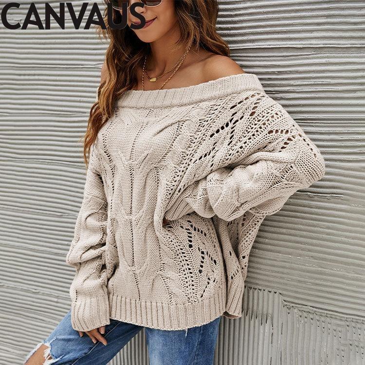Autumn Winter Plus Size Women Strapless Loose Knit Sweater One Neck Solid Color Pullover Europe USA Style