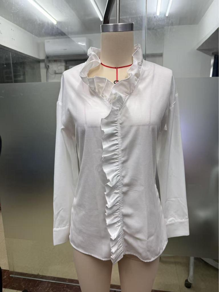 Top Elegante con Volantes y Cuello en V Estilo Francés para Mujer Primavera/Otoño 2026 Europeo y Americano