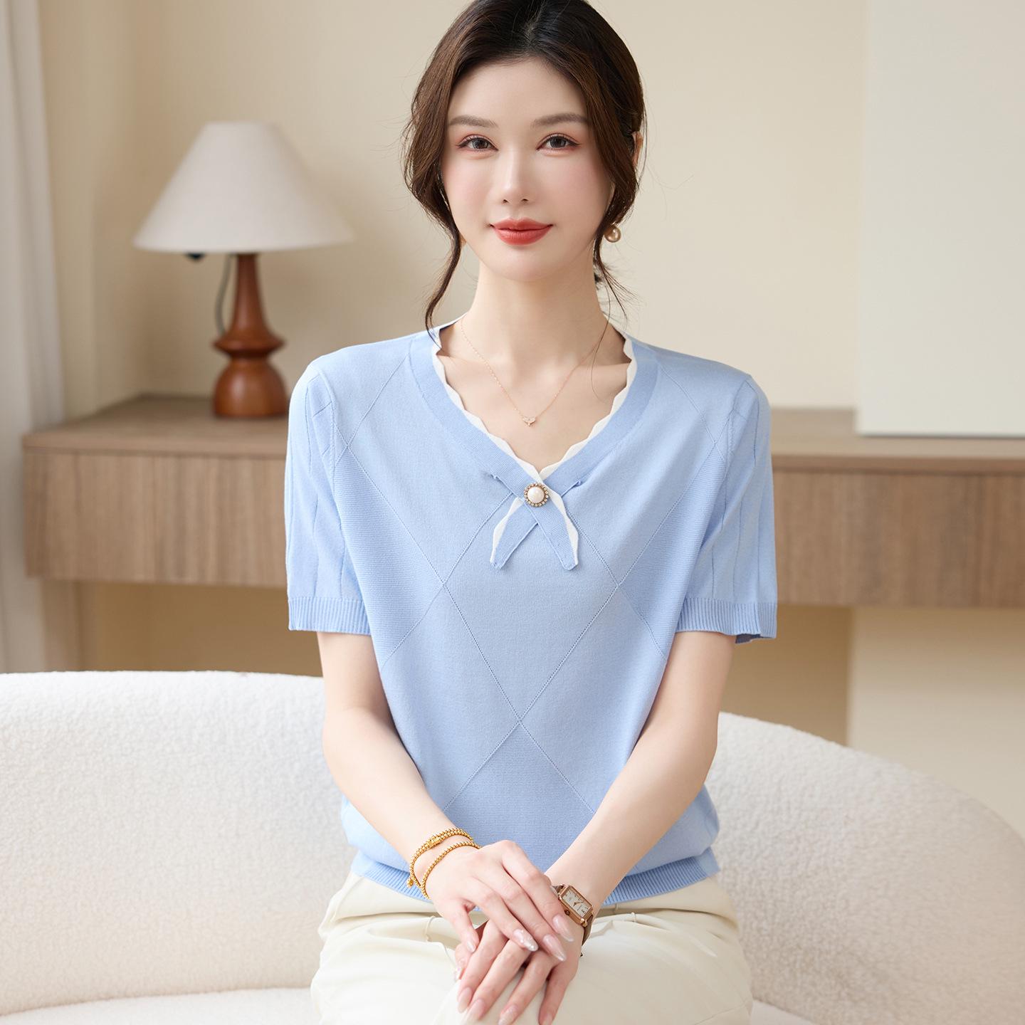 

Mother s Day Ice Silk Summer T-shirt for Middle-Aged Women, 2026 Fashion Style 4XL (Recommended 135-150 jin) синий
