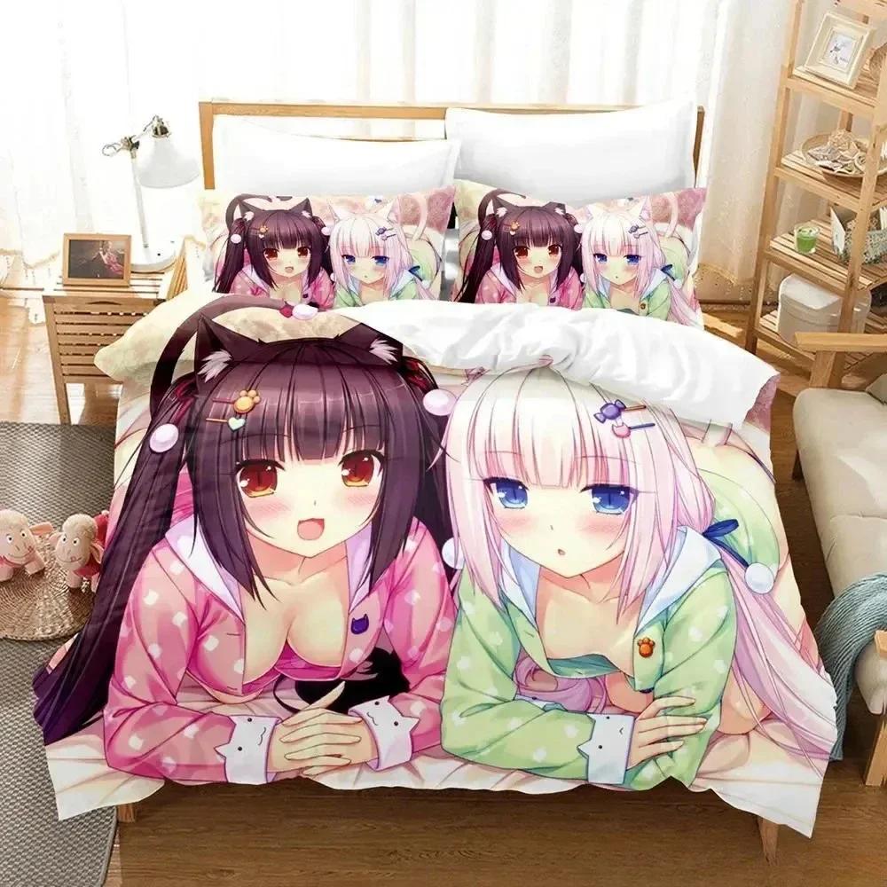 3D Print   NEKOPARA OVA Bedding Set Printed Bed Set With Pillowcase Bed Duvet Cover Soft Queen King Size Bedclothes Home