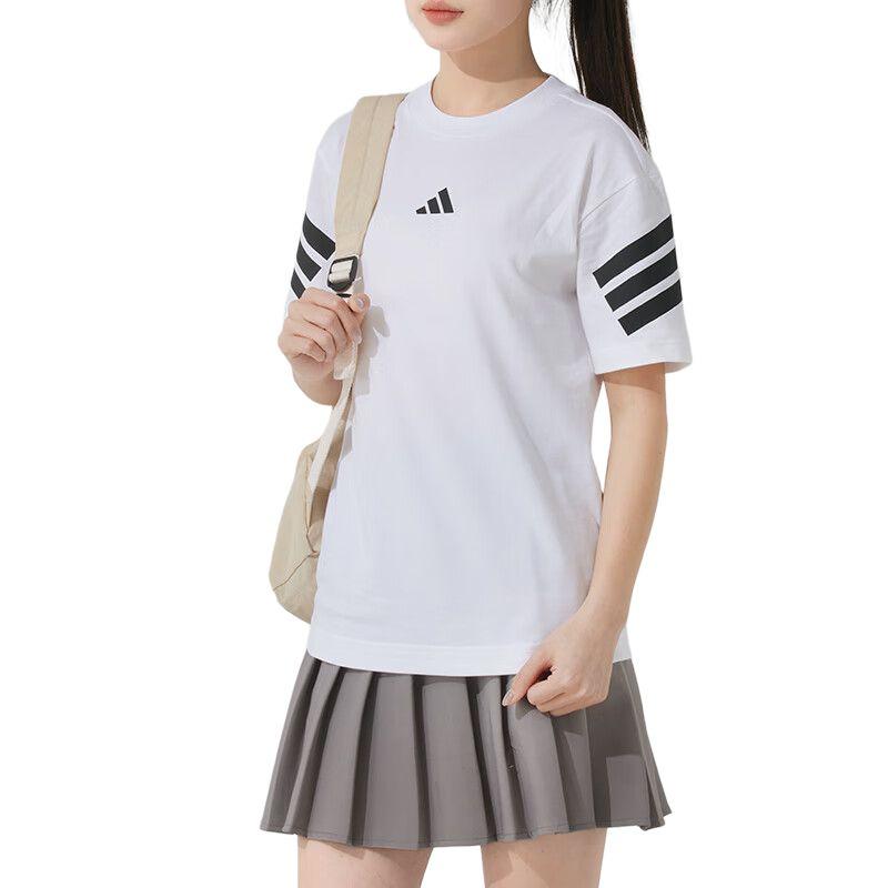 Adidas Striped Breathable Casual Sports Short Sleeve Drop Shoulder T-Shirt Women Tops White JE0238