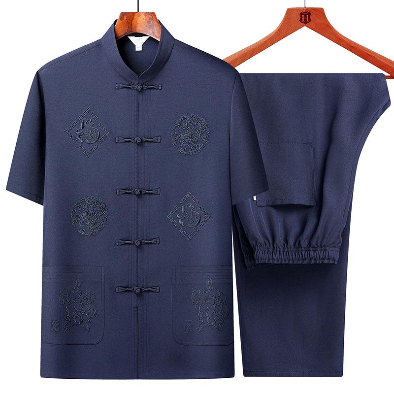 Men's Summer Short-Sleeved Shirt Set - Middle-Aged & Elderly Dad Tang Suit Style