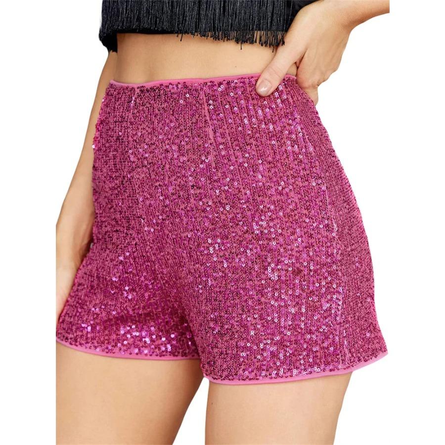 Women Sequin Shorts Elastic High Waist Sparkly Glitter Straight Short Pants Sexy Club Hot Pants Summer Streetwear
