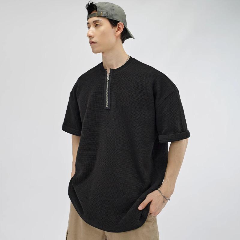 American retro waffle half zipper solid color short-sleeved T-shirt men's summer simple loose casual half-sleeved top