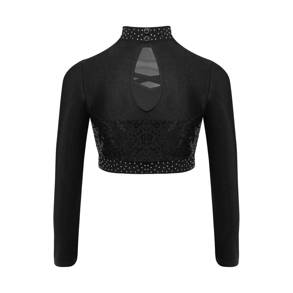 Mädchen Jazz Tanzaufführungskostüm Stehkragen Langarm Transparentes Mesh Patchwork Glänzende Pailletten Crop Top Tanzbekleidung