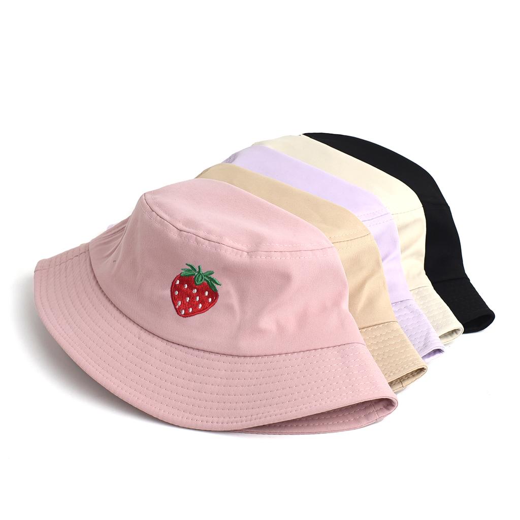 Korean Style Embroidered Strawberry Fisherman Hat Women's Summer Versatile Face Slimming Sun Protection Bucket Hat Trendy