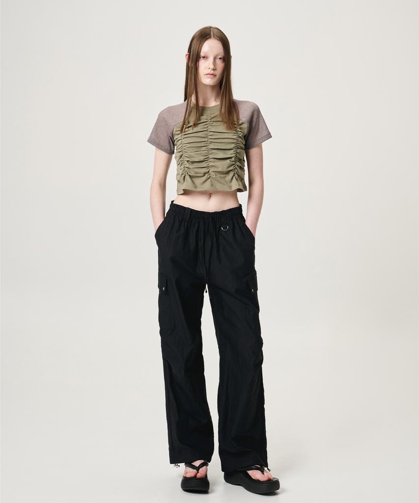 ETMON Knit Sleeve Shirring T-Shirt, Khaki
