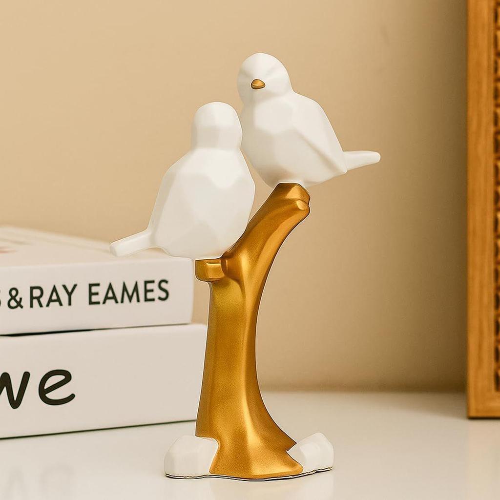 Ceramic Couple Birds Statue for Home Decor - Aesthetic Showpiece - Decorative Sculpture for Home Decor & Office Decor - 18x3x22 CM, White and Gold